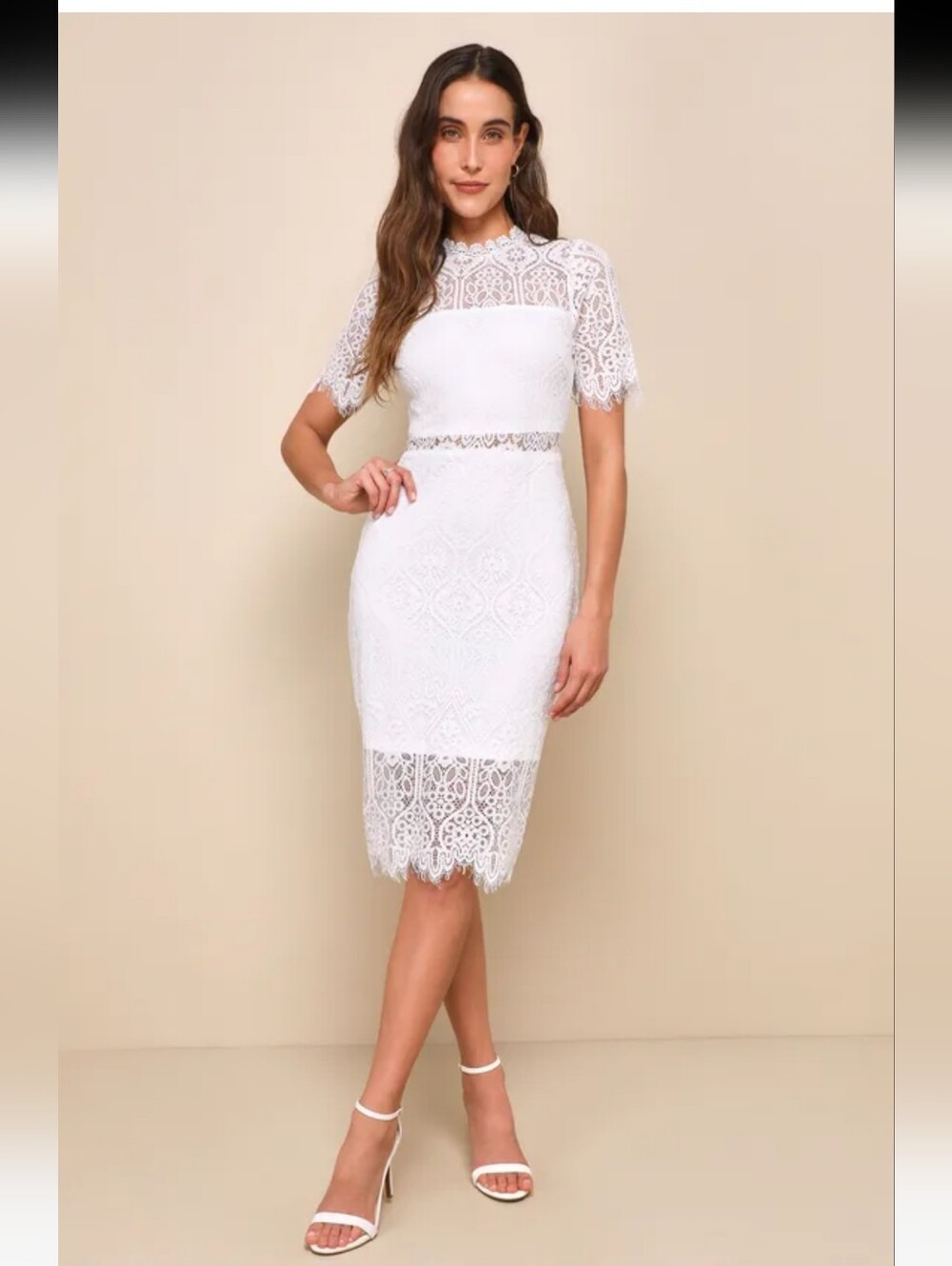 Lulu's White Lace Midi Dress with Fringe Sleeves
